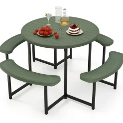 Patio Picnic Table Bench Set with 4 Seats and Umbrella Hole for Outdoor Dining