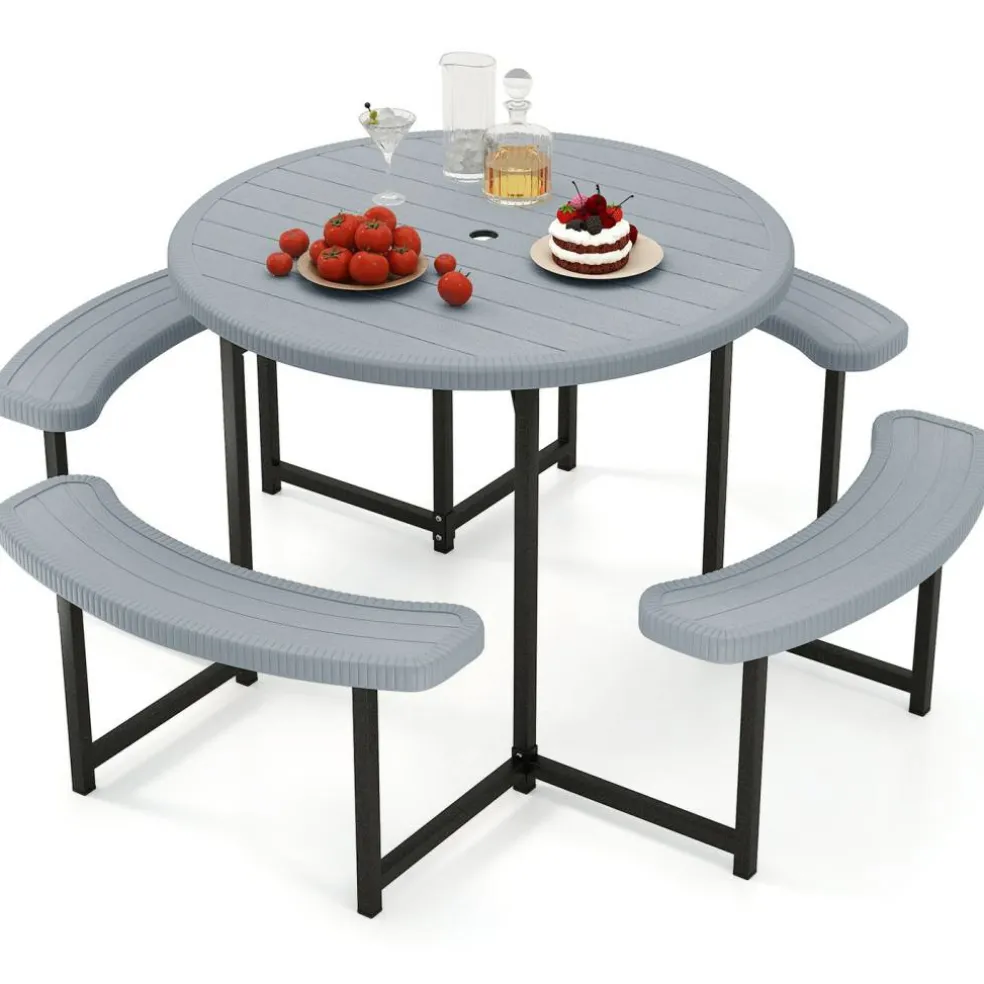Patio Picnic Table Bench Set with 4 Seats and Umbrella Hole for Outdoor Dining