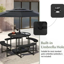 Patio Picnic Table Bench Set with 4 Seats and Umbrella Hole for Outdoor Dining