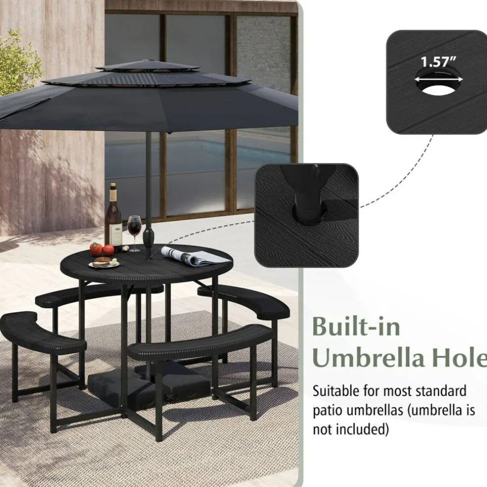 Patio Picnic Table Bench Set with 4 Seats and Umbrella Hole for Outdoor Dining