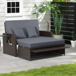 Patio Rattan Daybed with 4-Level Adjustable Backrest and Retractable Side Tray