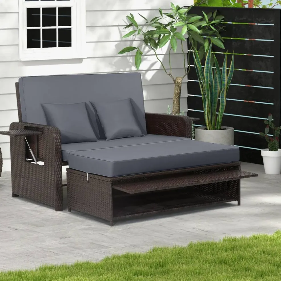 Patio Rattan Daybed with 4-Level Adjustable Backrest and Retractable Side Tray