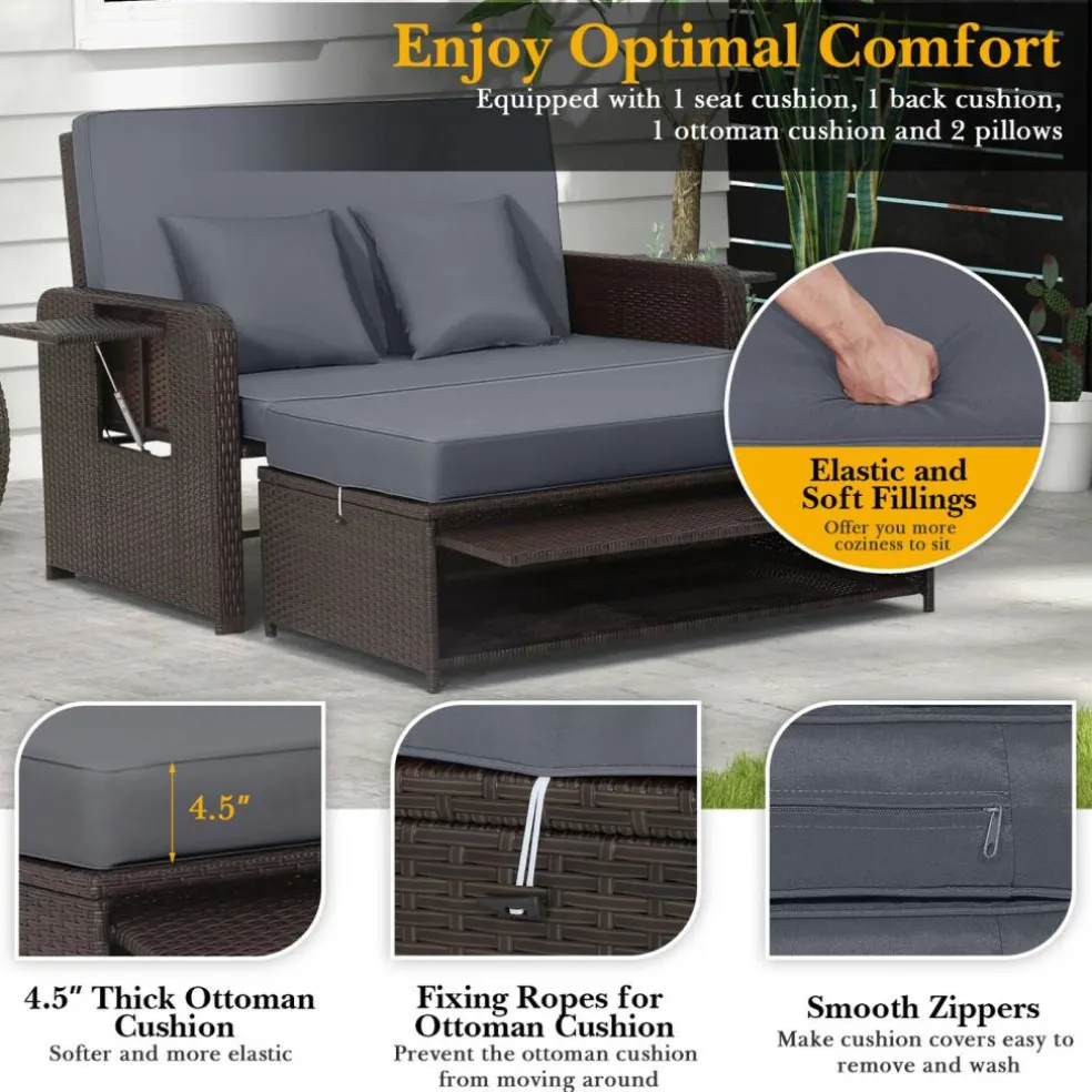 Patio Rattan Daybed with 4-Level Adjustable Backrest and Retractable Side Tray