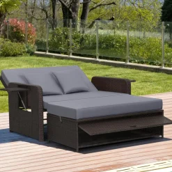Patio Rattan Daybed with 4-Level Adjustable Backrest and Retractable Side Tray