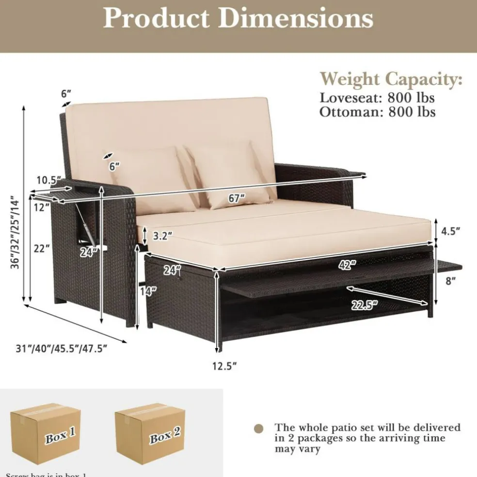 Patio Rattan Daybed with 4-Level Adjustable Backrest and Retractable Side Tray
