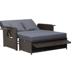 Patio Rattan Daybed with 4-Level Adjustable Backrest and Retractable Side Tray