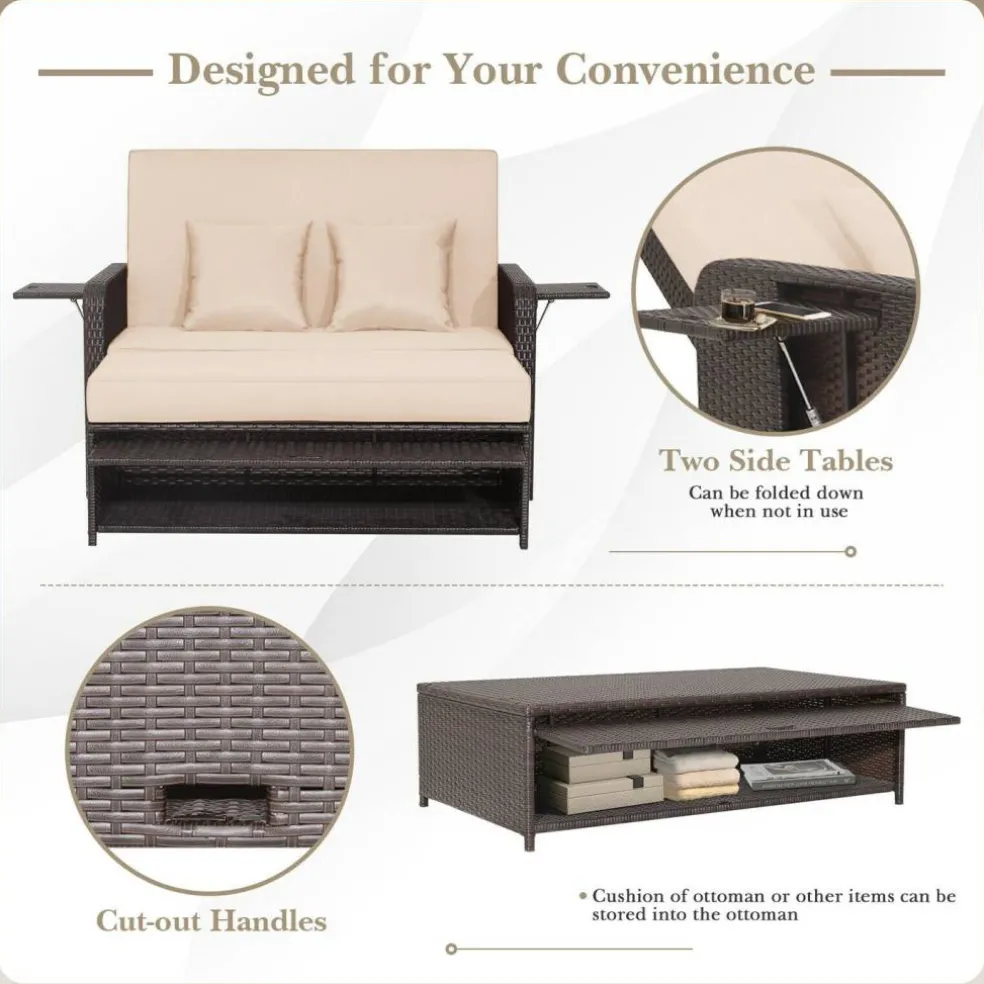 Patio Rattan Daybed with 4-Level Adjustable Backrest and Retractable Side Tray