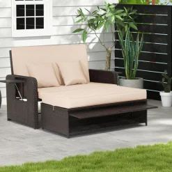 Patio Rattan Daybed with 4-Level Adjustable Backrest and Retractable Side Tray