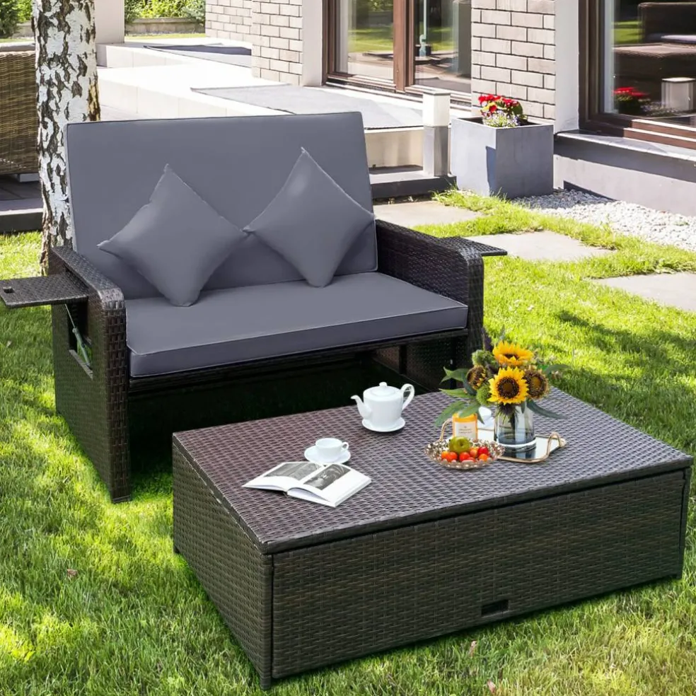 Patio Rattan Daybed with 4-Level Adjustable Backrest and Retractable Side Tray