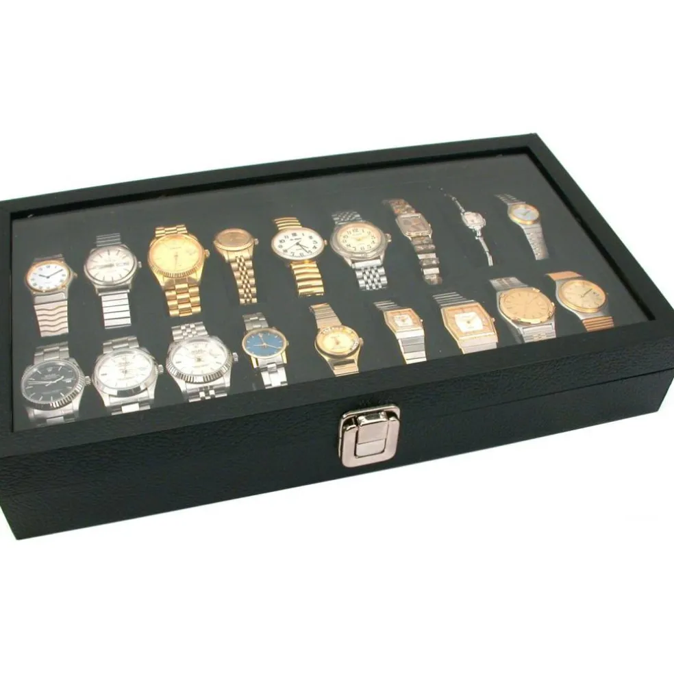 18pc Black Watch Travel Tray Showcase Display Case Unit W/ Glass Top