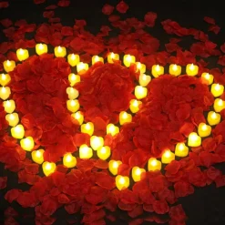 6000pc Dark Red Silk Rose Petals & 72pc LED Heart Tea Lights - Romantic Night In Set - Battery Operated Flameless Candles for Proposal, Anniversary, Wedding Aisle & Honeymoon Room Decor