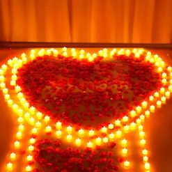 6000pc Dark Red Silk Rose Petals & 72pc LED Heart Tea Lights - Romantic Night In Set - Battery Operated Flameless Candles for Proposal, Anniversary, Wedding Aisle & Honeymoon Room Decor