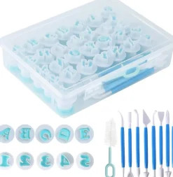 36 PCS Alphabet & Number Cookie Cutter Set, Letter and Number Fondant Cutters with 8 Carving Tools & Cleaning Brush, Food Grade Plastic Stamp Set for Cookies, Fondant, Clay, Biscuit, Cake Decorating