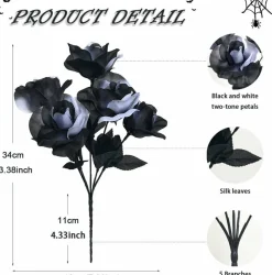 20PCS Artificial Black and White Rose Bouquet, Gothic Faux Silk Roses with Stems, Halloween Flowers for Spooky Party Decor, Wedding DIY Floral Arrangements, Home Vase Centerpiece Decoration