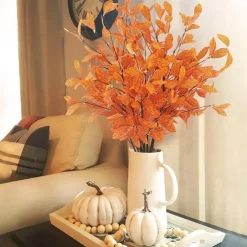 18PCS Artificial Fall Eucalyptus Stems, 27.5 Inch Faux Autumn Leaves Branches, Orange Eucalyptus Foliage for Vase, Home, Office, Wedding, Thanksgiving & Fall Table Centerpiece Decor