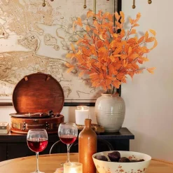 18PCS Artificial Fall Eucalyptus Stems, 27.5 Inch Faux Autumn Leaves Branches, Orange Eucalyptus Foliage for Vase, Home, Office, Wedding, Thanksgiving & Fall Table Centerpiece Decor