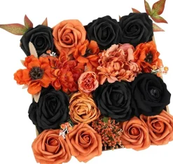 24PCS Artificial Fall Flowers Combo Box Set – Orange & Black Silk Roses, Peonies & Dahlias with Stems, DIY Faux Floral Arrangement for Wedding Bouquet, Halloween Decor, Table Centerpieces, Baby Shower & Home Decoration