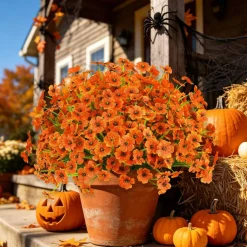 24PCS Artificial Fall Flowers for Outdoors, Fake Mums, Orange
