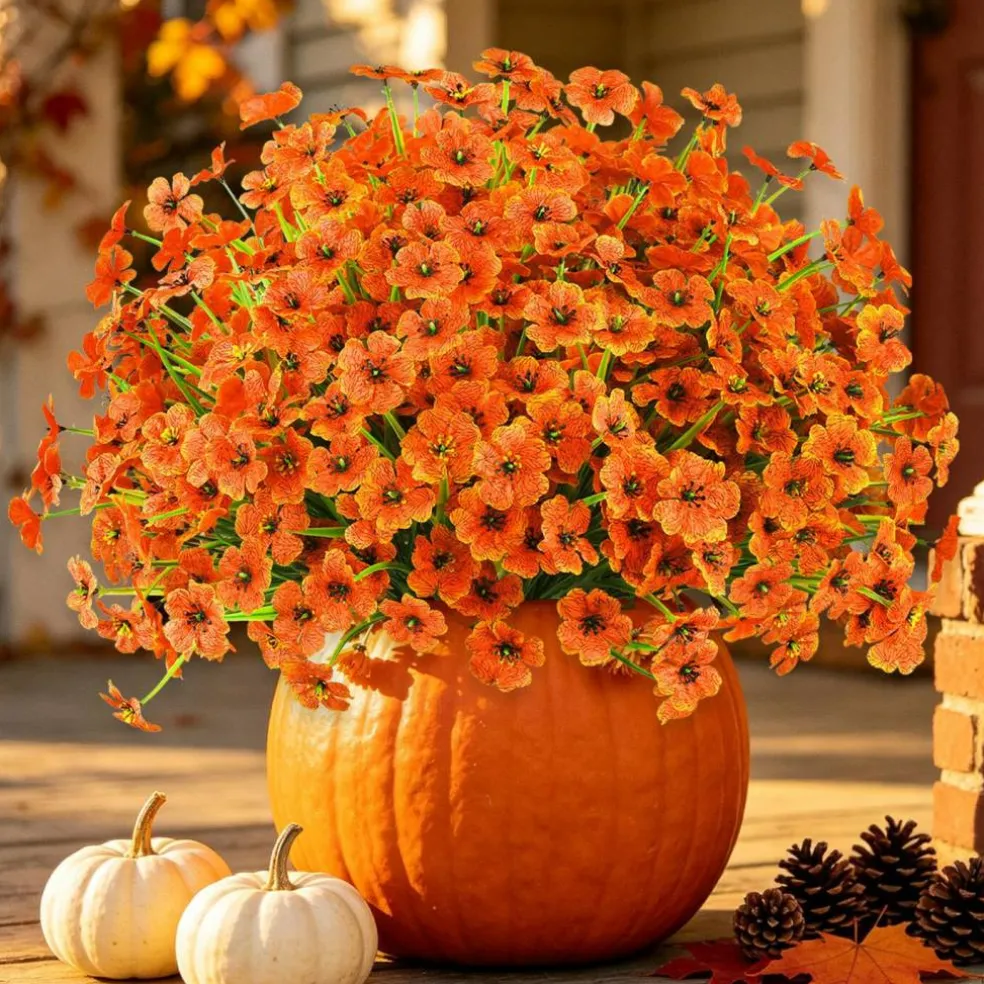 24PCS Artificial Fall Flowers for Outdoors, Fake Mums, Orange