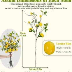 5 Pcs Artificial Lemon Branches, 31 Inch Faux Lemon Fruit Stems with Bendable Wire, Realistic Lemons & Green Leaves for Kitchen, Home, Office, Table Centerpiece, Party & Mediterranean Decor