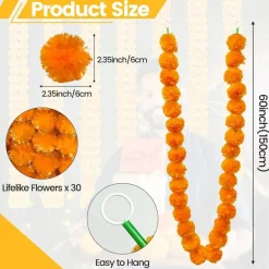 4 Pcs Artificial Long Marigold Garland - 5 Feet (Orange)