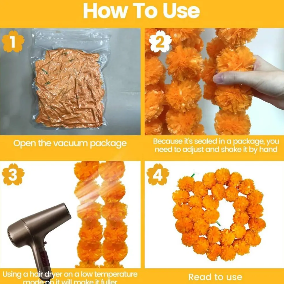 4 Pcs Artificial Long Marigold Garland - 5 Feet (Orange)