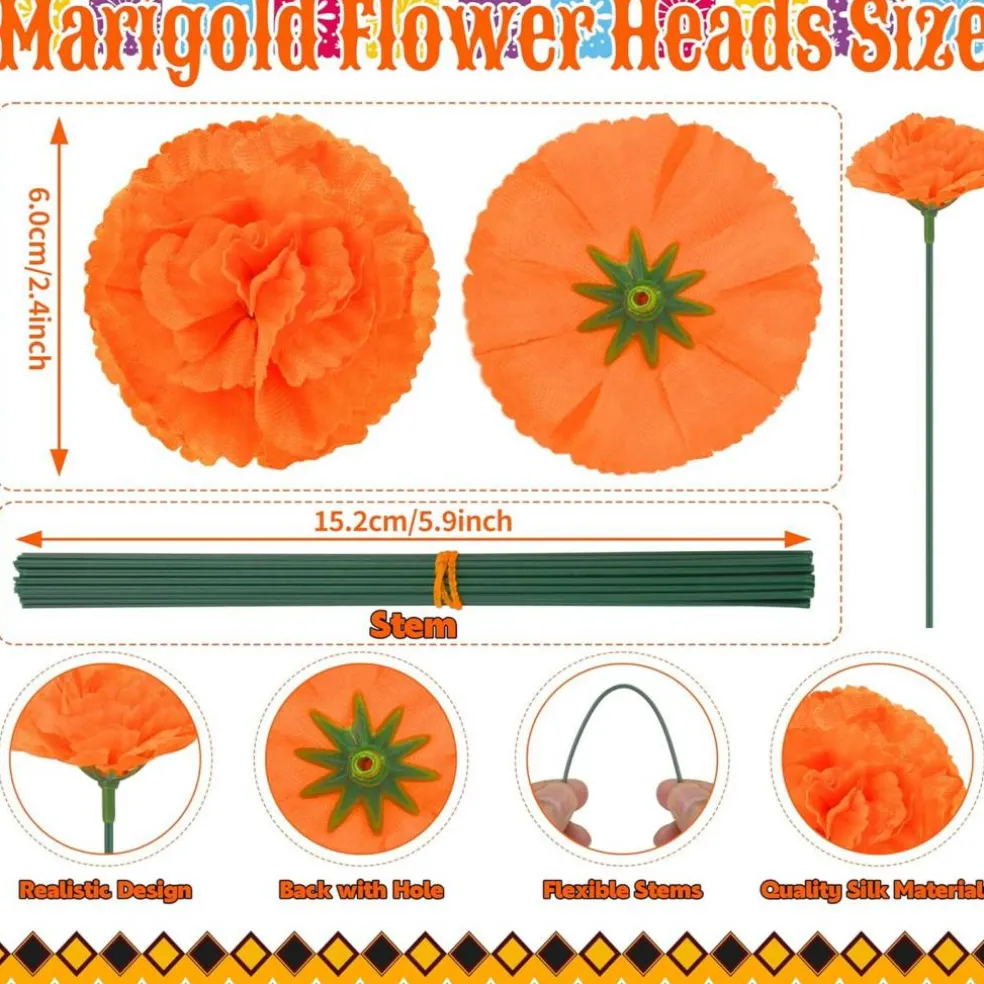 60 Pcs Artificial Marigold Flowers with Stems (Orange)