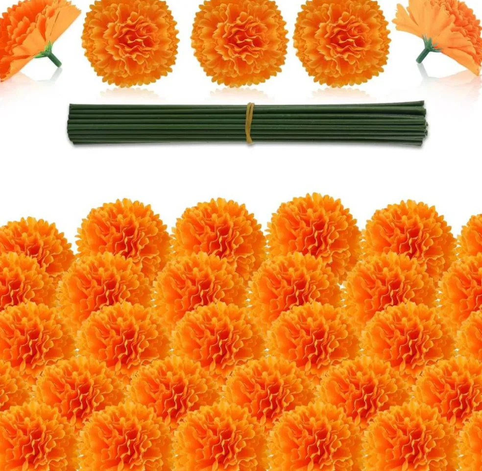 50Pcs Artificial Marigold Flower Heads (Orange) 10"D x 2"W x 3"H