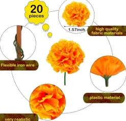 20 PCS Artificial Marigold Flowers Bunch, Black & Orange Silk Faux Marigold Stems, Halloween Party Decorations, Diwali Decor, Birthday Floral Arrangements, Home Table Centerpieces & DIY Crafts