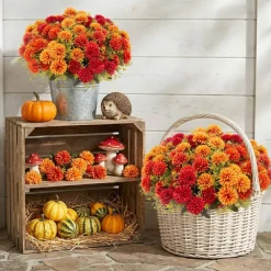 12 Pcs Artificial Mums Flowers for Outdoor, UV Resistant Fake fall Chrysanthemums Marigold Plant, Autumn Floral Arrangements for Outside, Garden, Yard (12, Orange, Burnt Orange, Red, Burgundy)