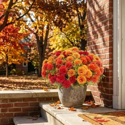 12 Pcs Artificial Mums Flowers for Outdoor, UV Resistant Fake fall Chrysanthemums Marigold Plant, Autumn Floral Arrangements for Outside, Garden, Yard (12, Orange, Burnt Orange, Red, Burgundy)