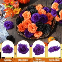 100 PCS Artificial Silk Roses with Stems, 3.15 Inch Faux Rose Flowers, DIY Fake Roses for Wedding Bouquets, Halloween, Baby Shower, Floral Arrangements, Centerpieces, Crafts & Home Decor (Black, Orange & Purple)