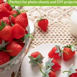 100PCS Artificial Strawberries, Realistic Fake Strawberry Fruit Set with Green Leaves, Lifelike Plastic Fruit for Kitchen Decor, Party Decorations, Photography Props & Display Centerpieces