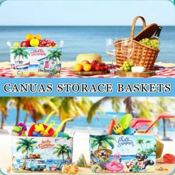 3 Pcs Beach Baskets Summer Storage Basket for Gifts Collapsible Waterproof Canvas Cute Storage Bin Organizer with Handles for Book Closet Shelf Nursery Decor