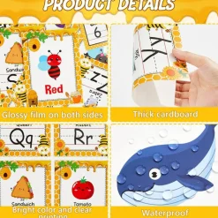 57 Pcs Bee Alphabet Number Bulletin Board Set Bumble Bee Classroom Decorations Educational Learning Cards Colors Shapes Posters for Preschool Kindergarten Back to School Classroom Wall Decor