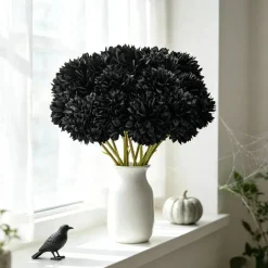 12PCS Black Artificial Ball Chrysanthemum Flowers, Realistic Silk Faux Mum Bouquet with Bendable Stems, Gothic Halloween Fall Decor for Home, Wedding Centerpieces, Party Arrangements & DIY Floral Crafts