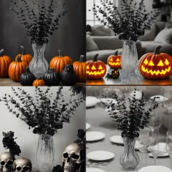 38 PCS Black Artificial Eucalyptus Stems, 15 Inch Faux Real Touch Eucalyptus Leaves for Vase, Halloween Gothic Floral Arrangements, Wedding Centerpieces, Fall Home Office Party Decor