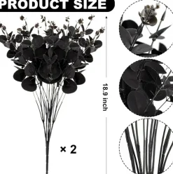 2PCS Black Artificial Eucalyptus Stems, 18 Inch Silk Faux Eucalyptus Leaves Branches for Halloween Gothic Decor, Wedding Bouquets, Floral Arrangements, Party Centerpieces & DIY Crafts