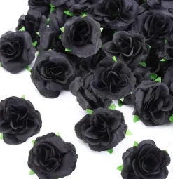 50 PCS Black Artificial Rose Heads, 1.6 Inch Mini Silk Fake Roses, Stemless Faux Flowers for DIY Crafts, Halloween Decorations, Wedding Centerpieces, Bouquet Making, Cake Decor, Home Party Decor