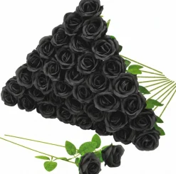 36PCS Black Artificial Roses with Long Stems, Realistic Silk Faux Rose Bouquet Bulk with Flexible Wired Stems, Gothic Wedding Bridal Flowers for Centerpieces, Party Decor, DIY Bouquets & Floral Arrangements