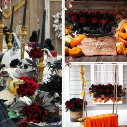 30 PCS Black & Burgundy Artificial Dahlia Flowers with Long Stems, Gothic Silk Faux Flowers for Halloween Decorations, Wedding Bridal Bouquets, Harvest Table Centerpieces, DIY Floral Arrangements & Home Decor