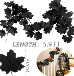 4 Pcs Black Maple Leaf Garland Halloween Artificial Fall Leaf Vines 23.6FT Hanging Thanksgiving Garland Decor for Fireplace Mantel Wall Party Decoration
