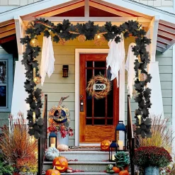 4 Pcs Black Maple Leaf Garland Halloween Artificial Fall Leaf Vines 23.6FT Hanging Thanksgiving Garland Decor for Fireplace Mantel Wall Party Decoration