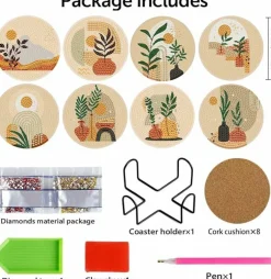 8 Pcs Bohemian Style Diamond Painting Coasters Kits for Adults, Abstract Landscape Diamond Art Coasters for Beginners with Holder, Small Diamond Painting Kits for Adults Art Craft Supplies