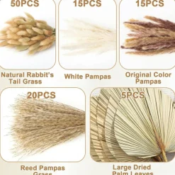 105Pcs Boho Dried Pampas Grass Decor Set Palm Leaves Bunny Tails Reed Grass Floral Bouquet Wedding Home Table Centerpiece