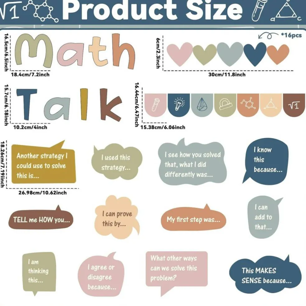 43PCS Boho Math Talk Bulletin Board Set, Math Classroom Decorations with Educational Math Posters, Sentence Starters & Bulletin Board Borders for Elementary & Middle School Classroom Decor