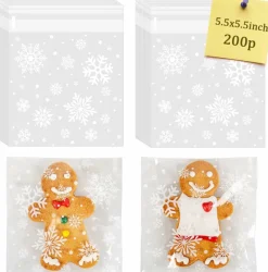 200 PCS Christmas Snowflake Cellophane Cookie Bags – 5.5x5.5 Inch Self-Adhesive Clear Treat Bags for Cookies, Candy, Bakery Goods, Party Favors & Holiday Gift Packaging