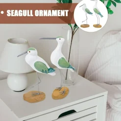 2 Pcs Coastal Wooden Seagull Figurines – Nautical Ocean Bird Statue Set, Handcrafted Green Beach House Tabletop Decor for Living Room, Bedroom, Shelf & Home Decoration
