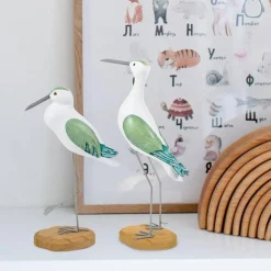 2 Pcs Coastal Wooden Seagull Figurines – Nautical Ocean Bird Statue Set, Handcrafted Green Beach House Tabletop Decor for Living Room, Bedroom, Shelf & Home Decoration