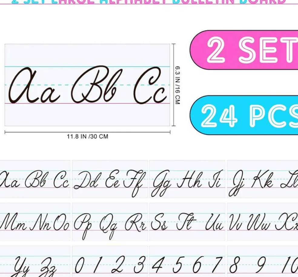 24 Pcs Cursive Alphabet Classroom Wall (Black and White) 11.8 X 6.3 inches